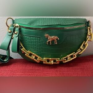 Green Croc-Embossed Belt Bag with Gold Chain